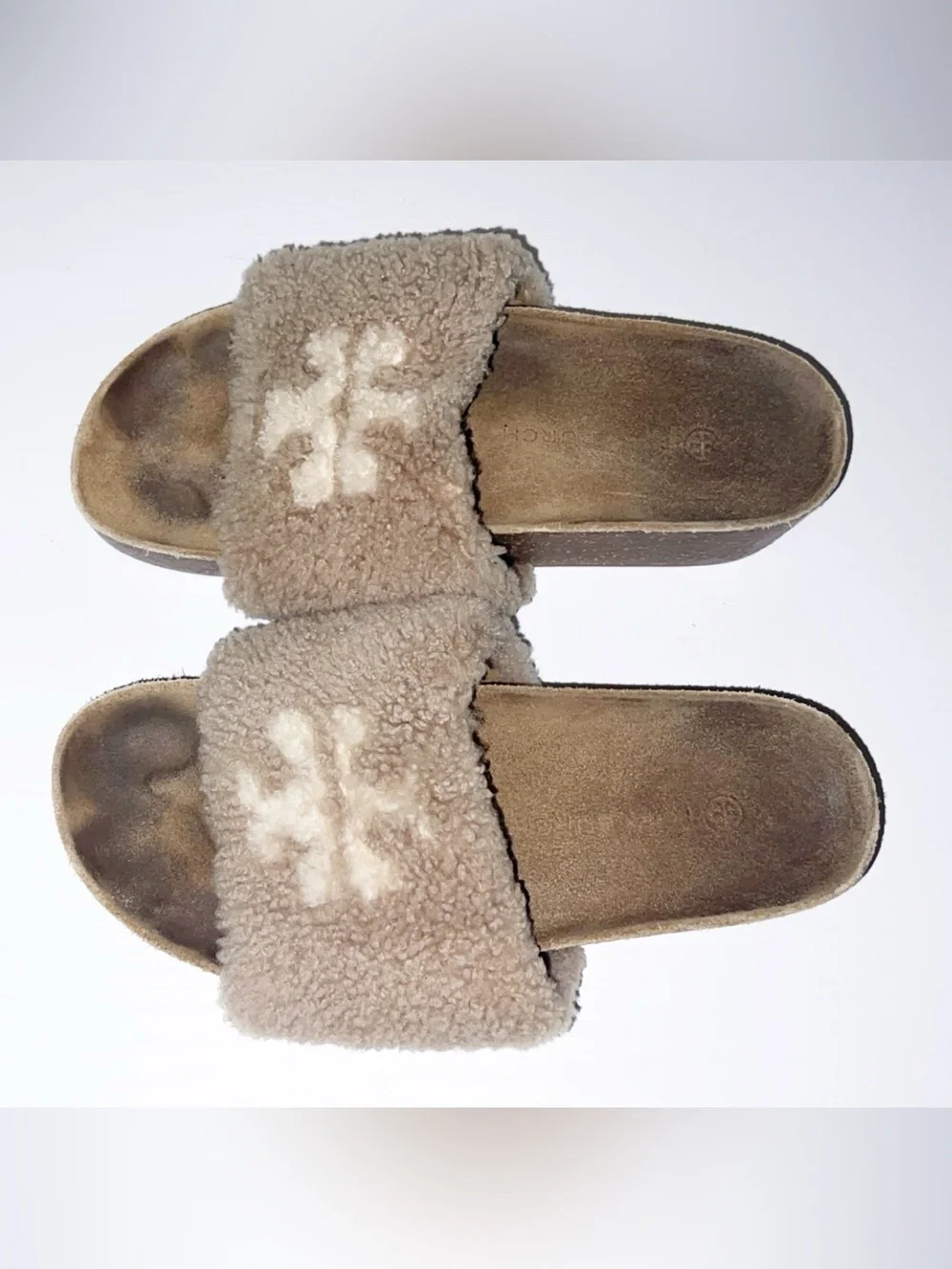 Tory Burch Beige Shearling Platform Slide Sandals